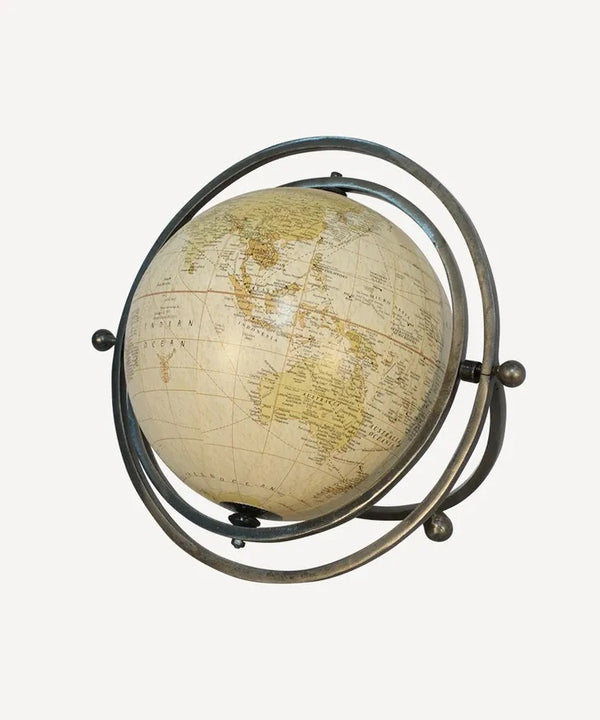 Large Rotating globe in antique silver finish and natural map