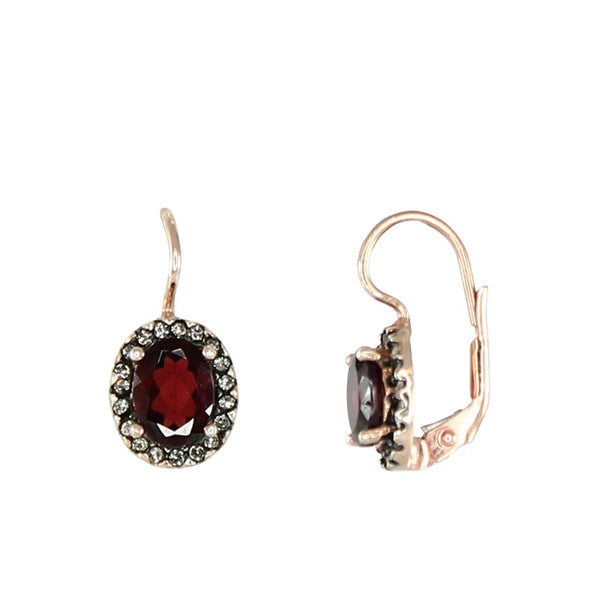 Garnet and Crystal Oval Drop Earrings.  Sterling silver with 18 carat rose gold plating.