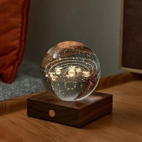 LED engraved solar system crystal ball light on wooden base