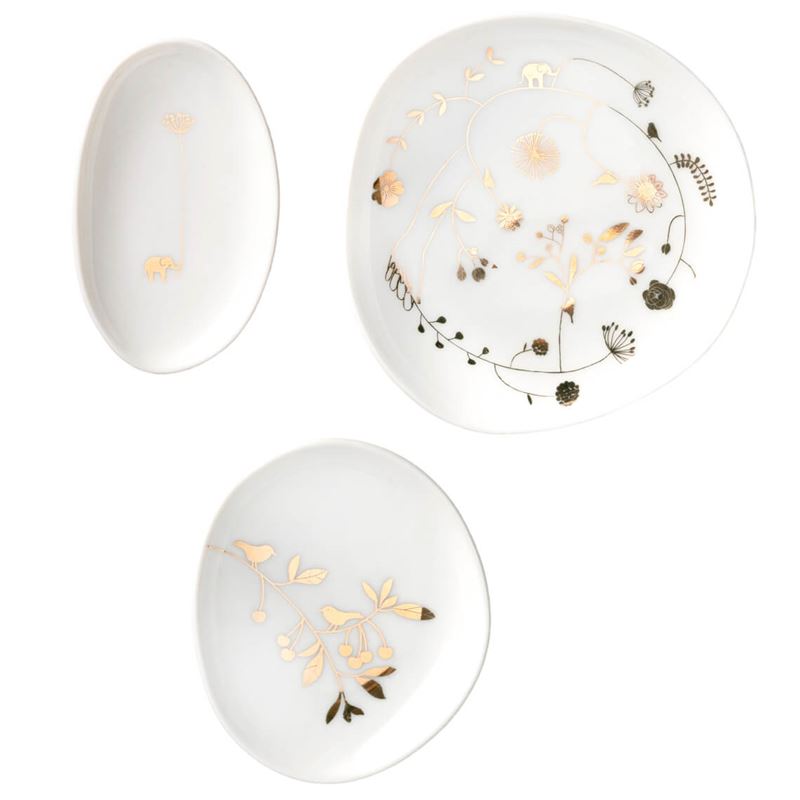 Set of 3 porcelain dishes with gold foil flowers