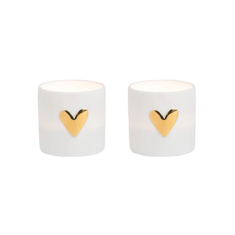 Gold heart porcelain tealight holders with soy wax candle.  set of 2