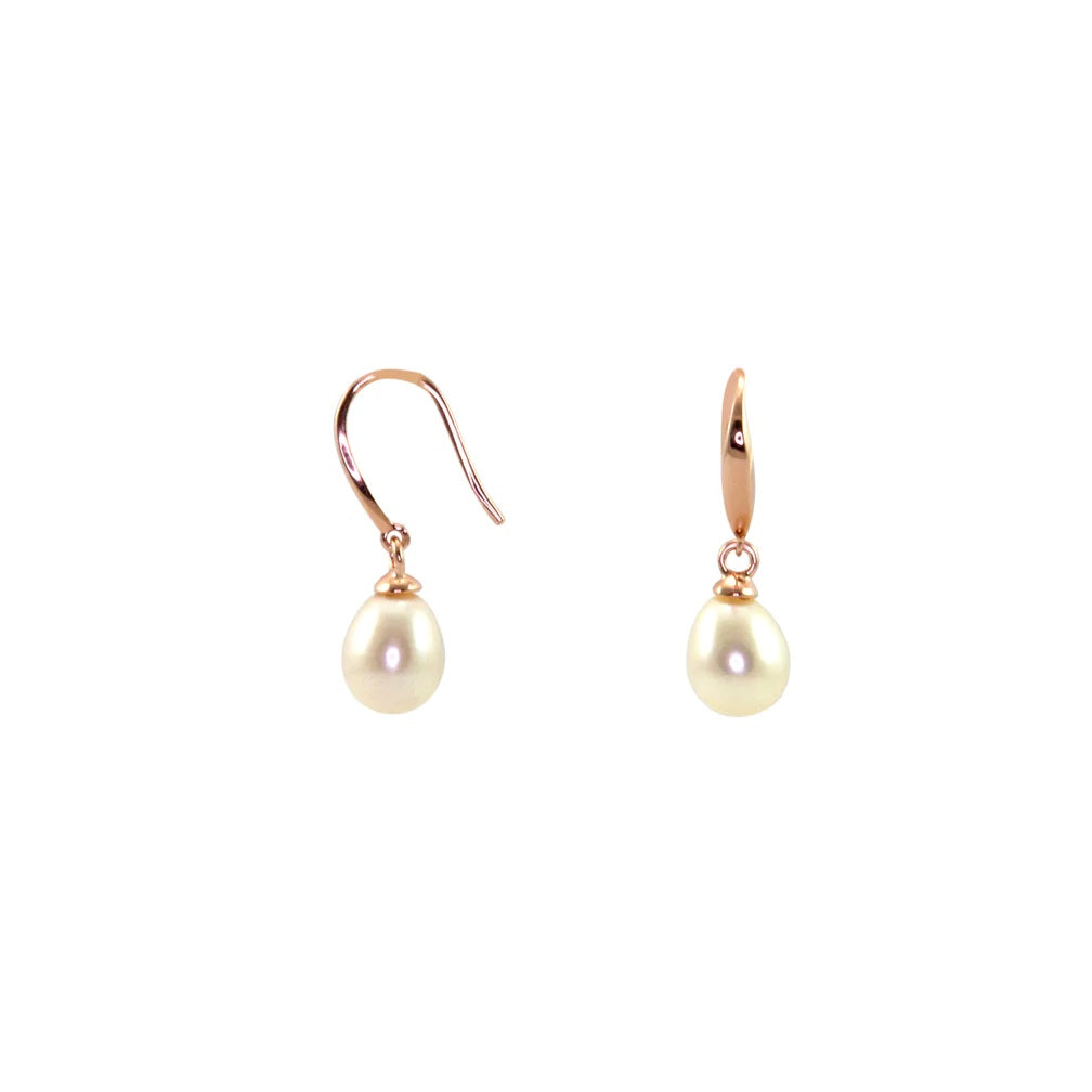 White Pearl Drop Earrings with rose gold french wire back