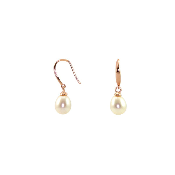 White Pearl Drop Earrings with rose gold french wire back