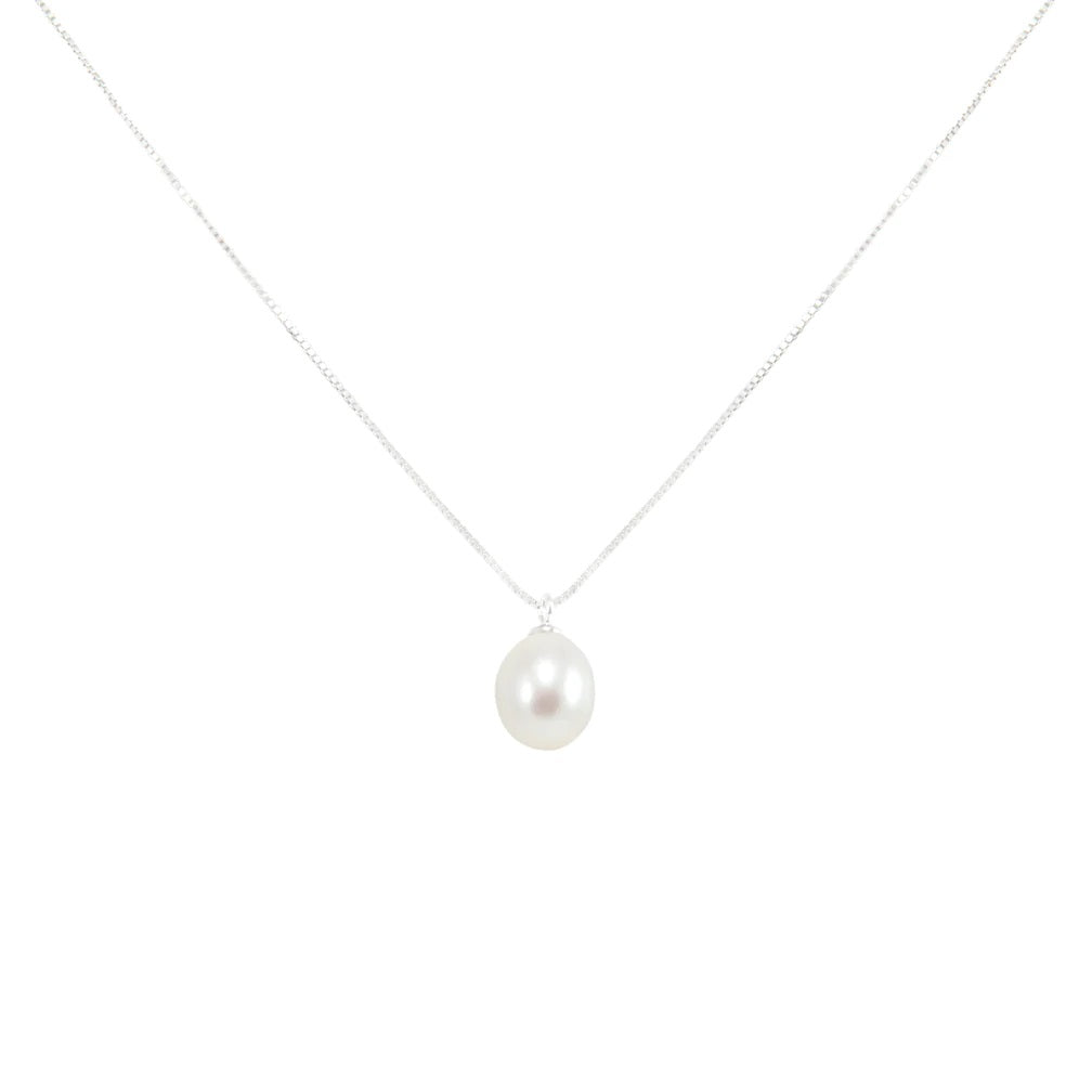 White pearl pendant on silver chain