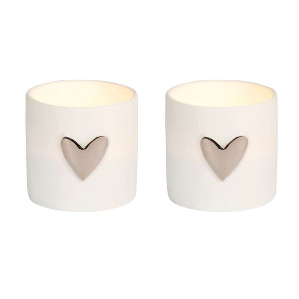 Silver Heart Porcelain Tealight holder set of 2